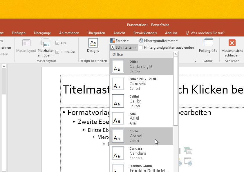 Video-Tutorial PowerPoint "Schriftart ändern": Screenshot "Schriftarten auswählen" Video-Tutorial PowerPoint "Schriftart ändern": Screenshot "Schriftarten auswählen"