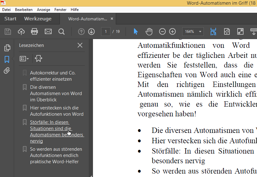 Video-Tutorial Word "Überschriften als Lesezeichen": Screenshot "PDF erstellen" Video-Tutorial Word "Überschriften als Lesezeichen": Screenshot "PDF erstellen"