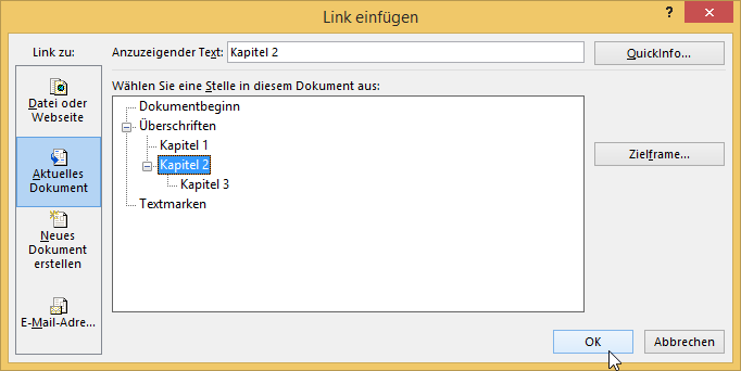 Video-Tutorial Word "Links setzen": Screenshot "Link im Dokument setzen"