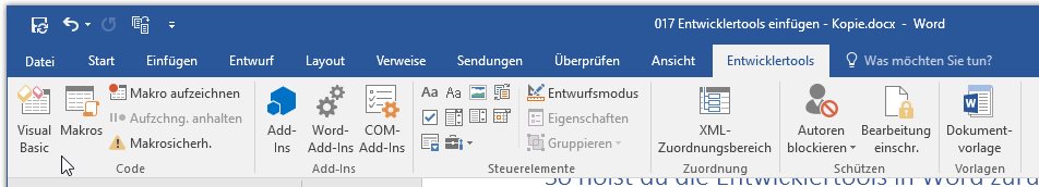 Video-Tutorial Word "Entwicklertools einfügen": Screenshot "Menüband Entwicklertools"