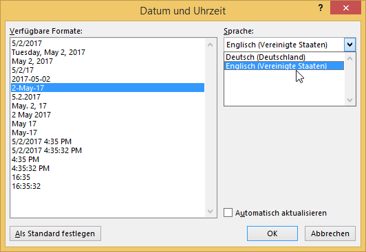 Video-Tutorial Word "Aktuelles Datum einfügen": Screenshot "Datumsformat anpassen" Video-Tutorial Word "Aktuelles Datum einfügen": Screenshot "Datumsformat anpassen"