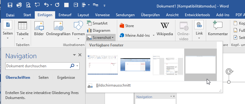 Video-Tutorial Word "Screenshots erstellen": Screenshot "Screenshot von Programmfenster"