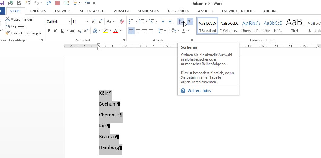 Video-Tutorial Word "Texte sortieren": Screenshot "Sortieren starten"