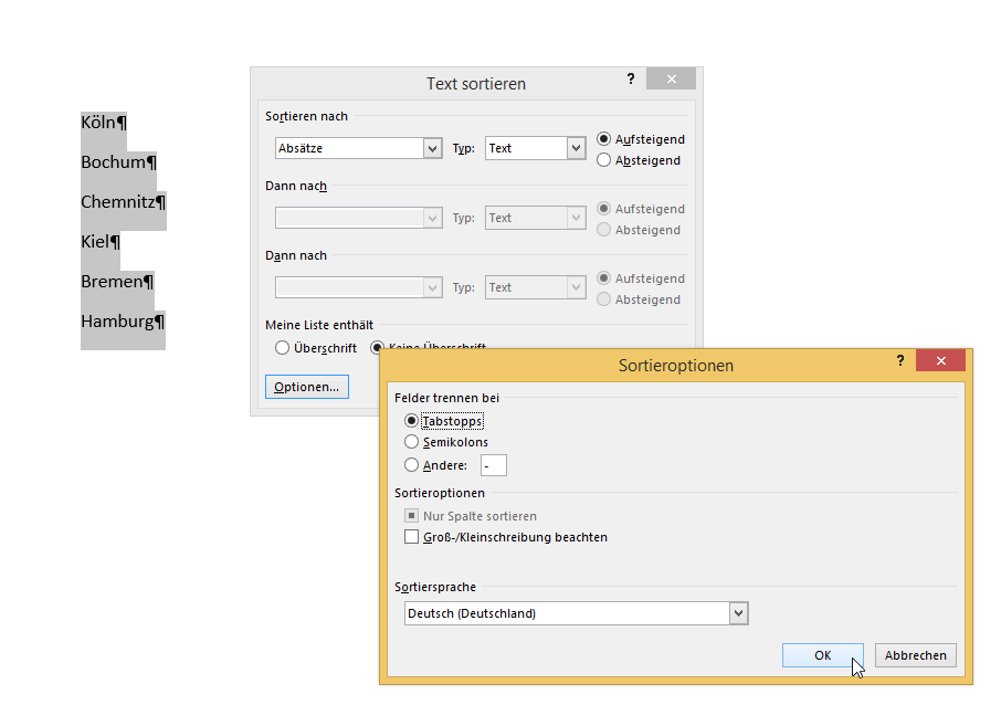 Video-Tutorial Word "Texte sortieren": Screenshot "Sortierkriterien festlegen" Video-Tutorial Word "Texte sortieren": Screenshot "Sortierkriterien festlegen"