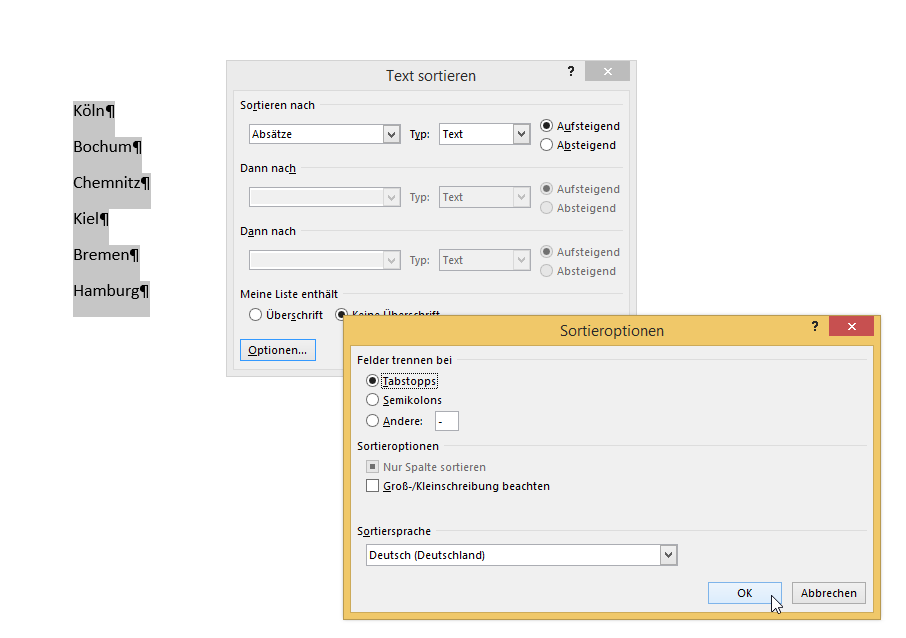 Video-Tutorial Word "Texte sortieren": Screenshot "Sortierkriterien festlegen"