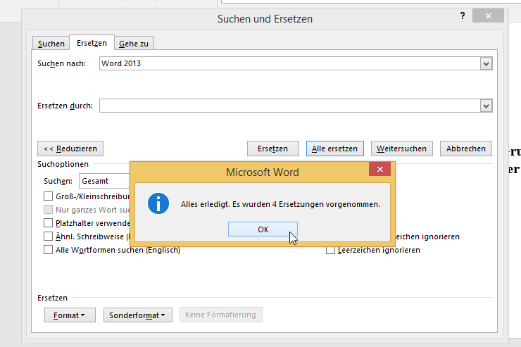 Video-Tutorial Word "Suchen und ersetzen": Screenshot "Ergebnis überprüfen"