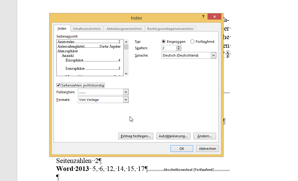 Video-Tutorial Word "Stichwortverzeichnis": Screenshot "Index einfügen"