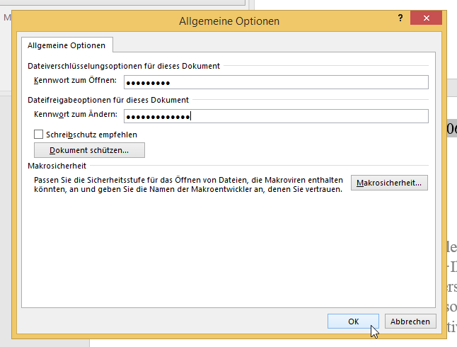 Video-Tutorial Word "Kennwortschutz": Screenshot "Schutzkennwort festlegen"