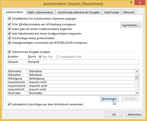 Video-Tutorial Word "Autokorrektur": Screenshot "Autokorrektur hinzufügen"