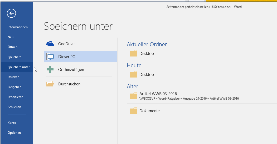 Video-Tutorial Word "Dokument als PDF speichern": Screenshot "Dialog Speichern unter" Video-Tutorial Word "Dokument als PDF speichern": Screenshot "Dialog Speichern unter"