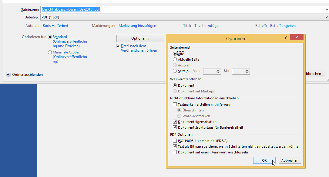 Video-Tutorial Word "Dokument als PDF speichern": Screenshot "PDF mit Überschriften-Links"