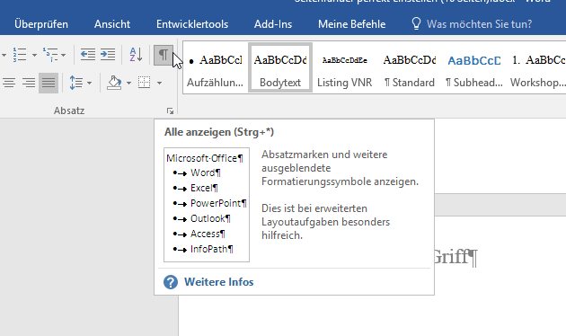 Video-Tutorial Word "Text-Umbrüche": Screenshot "Umbrüche anzeigen"