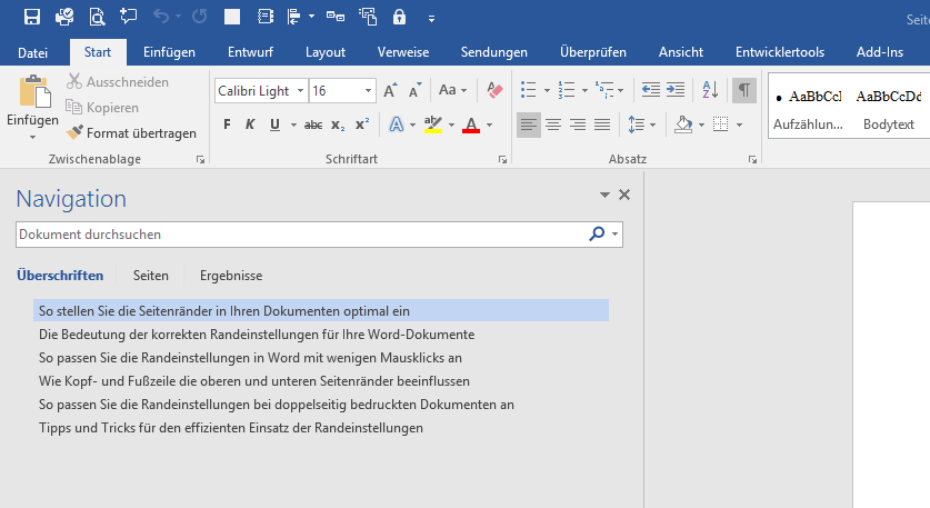 Video-Tutorial Word "Schnelles Navigieren": Screenshot "Navigationsbereich"