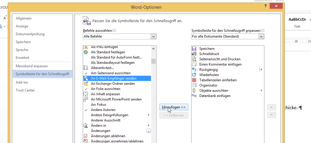 Video-Tutorial Word "E-Mails aus Word heraus": Screenshot "Schnellzugriff anpassen" Video-Tutorial Word "E-Mails aus Word heraus": Screenshot "Schnellzugriff anpassen"