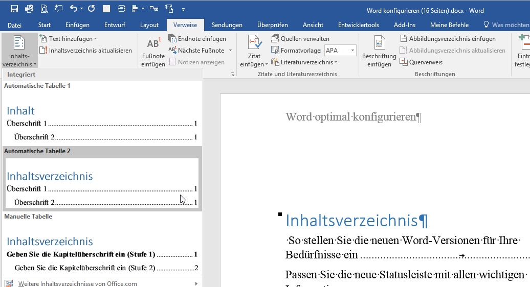 Video-Tutorial Word "Inhaltsverzeichnis": Screenshot "Inhaltsverzeichnis einfügen"