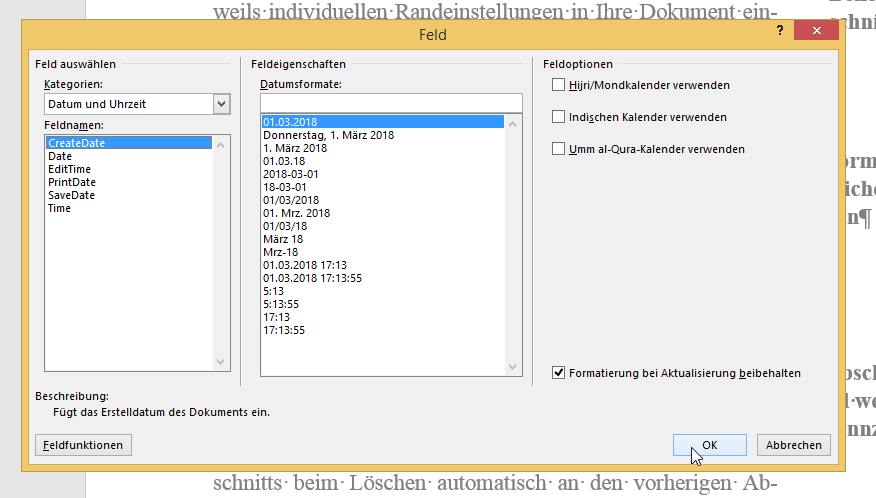 Video-Tutorial Word "Datumsfeld einfügen": Screenshot "Feld auswählen"