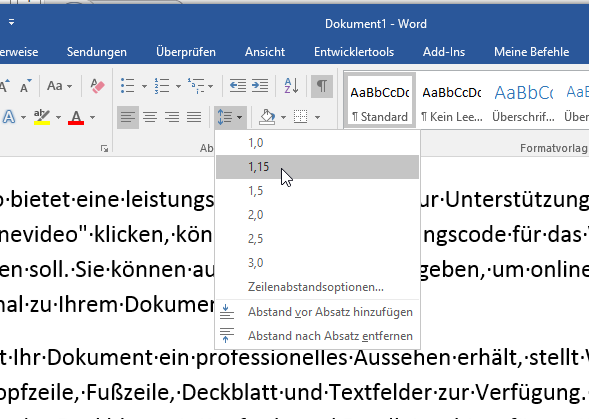 Video-Tutorial Word "Zeilenabstand": Screenshot "Zeilenabstand einstellen"