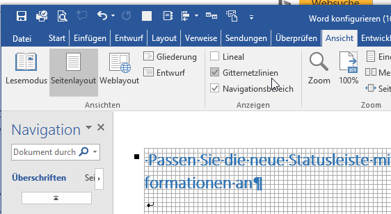 Video-Tutorial Word "Gitternetzlinien": Screenshot "Linien einblenden"