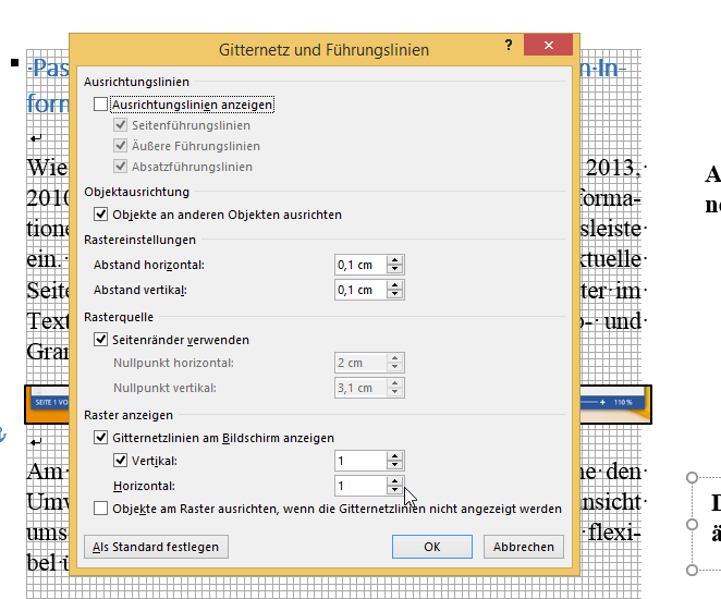 Video-Tutorial Word "Gitternetzlinien": Screenshot "Linien konfigurieren"