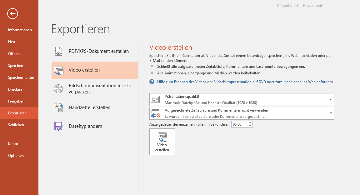 Video-Tutorial PowerPoint "Präsentation in Video umwandeln": Screenshot "Präsentation als Video speichern"