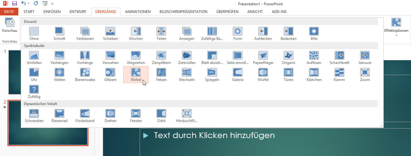 Video-Tutorial PowerPoint "Folienübergänge einfügen": Screenshot "Folienübergang einfügen" Video-Tutorial PowerPoint "Folienübergänge einfügen": Screenshot "Folienübergang einfügen"