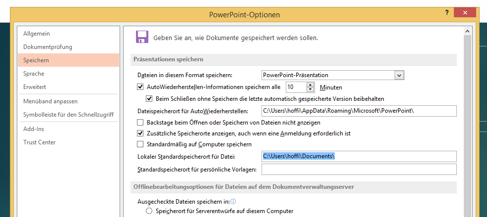 Video-Tutorial PowerPoint "Standardspeicherort": Screenshot "Optionen öffnen"