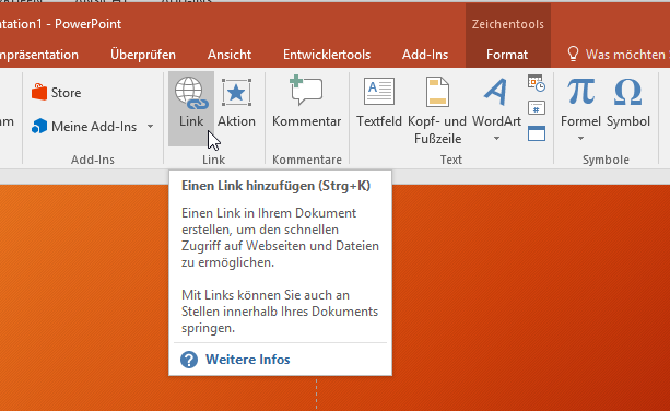 Video-Tutorial PowerPoint "Hyperlink einfügen": Screenshot "Hyperlinks einfügen"