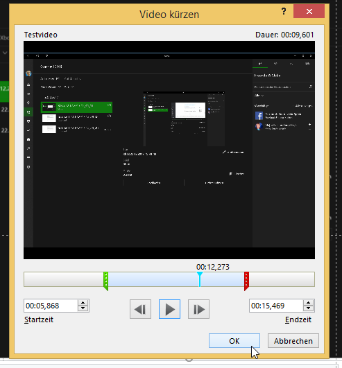 Video-Tutorial PowerPoint "Videos schneiden": Screenshot "Start- und Endzeit bestimmen"