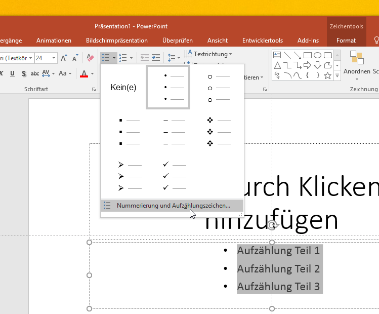 Video-Tutorial PowerPoint "Aufzählungszeichen als Grafik": Screenshot "Aufzählung definieren"