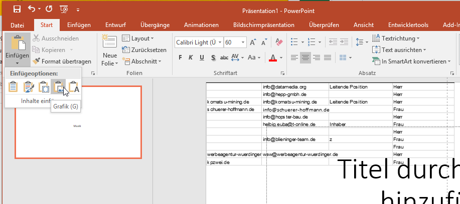 Video-Tutorial PowerPoint "Excel-Tabelle als Grafik": Screenshot "Inhalte als Grafik einfügen"