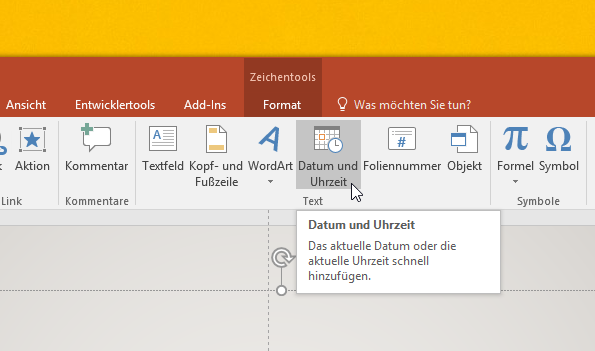 Video-Tutorial PowerPoint "Datum anzeigen und aktualisieren": Screenshot "Datumsfunktion einfügen"