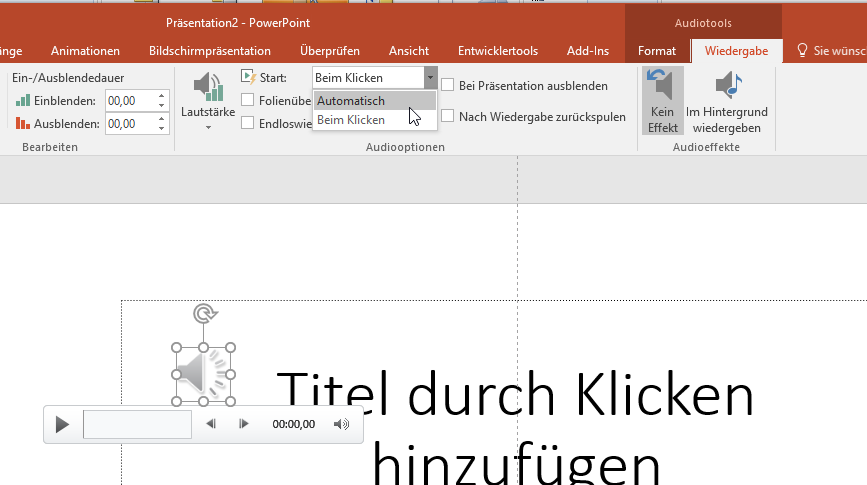 Video-Tutorial PowerPoint "Audio automatisch abspielen": Screenshot "Wiedergabemodus umstellen"