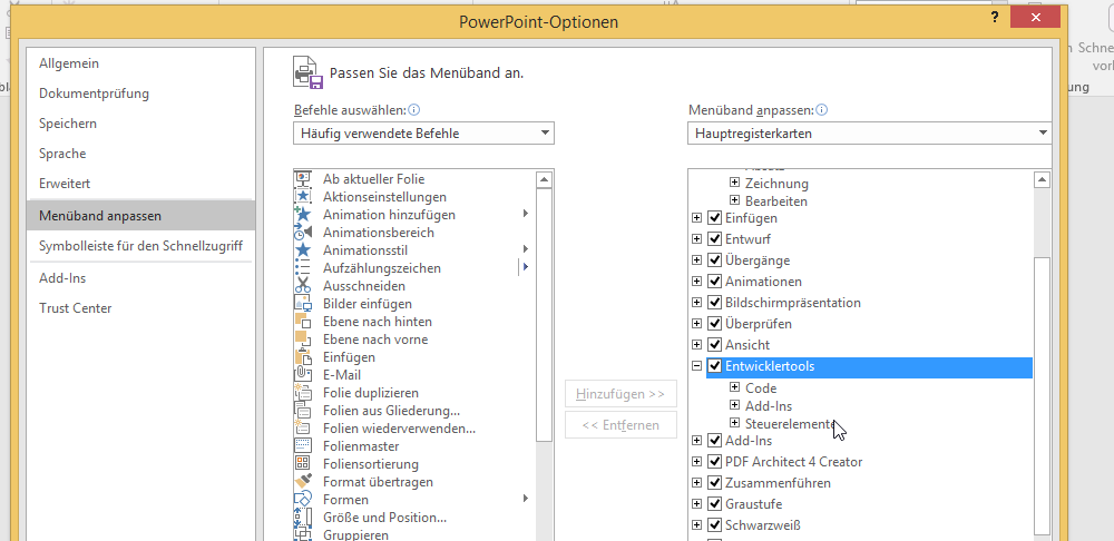 Video-Tutorial PowerPoint "Entwicklertools": Screenshot "Menüband anpassen"