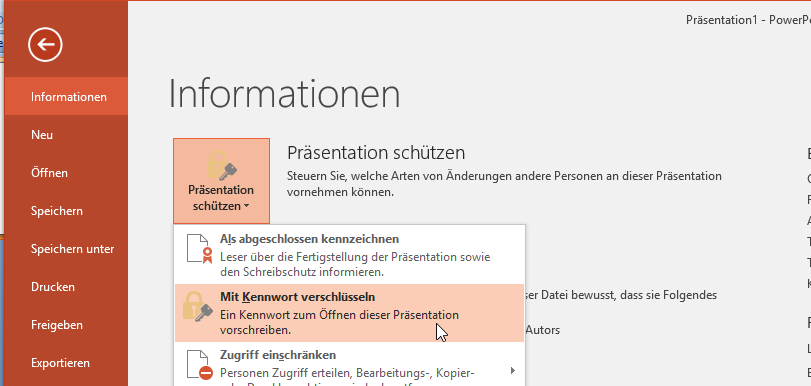 Video-Tutorial PowerPoint "Passwortschutz": Screenshot "Kennwort verschlüsseln"