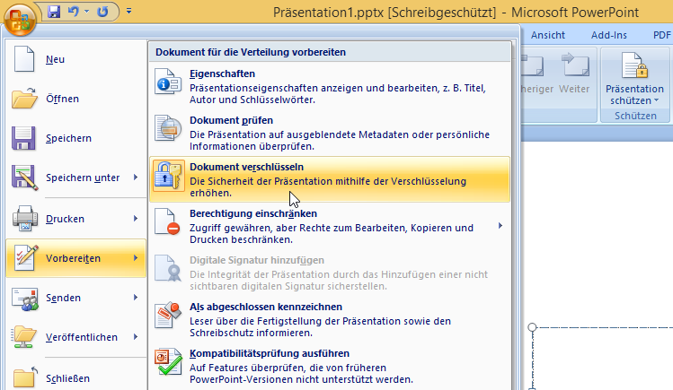 Video-Tutorial PowerPoint "Passwortschutz": Screenshot "Passwortschutz Office 2007"