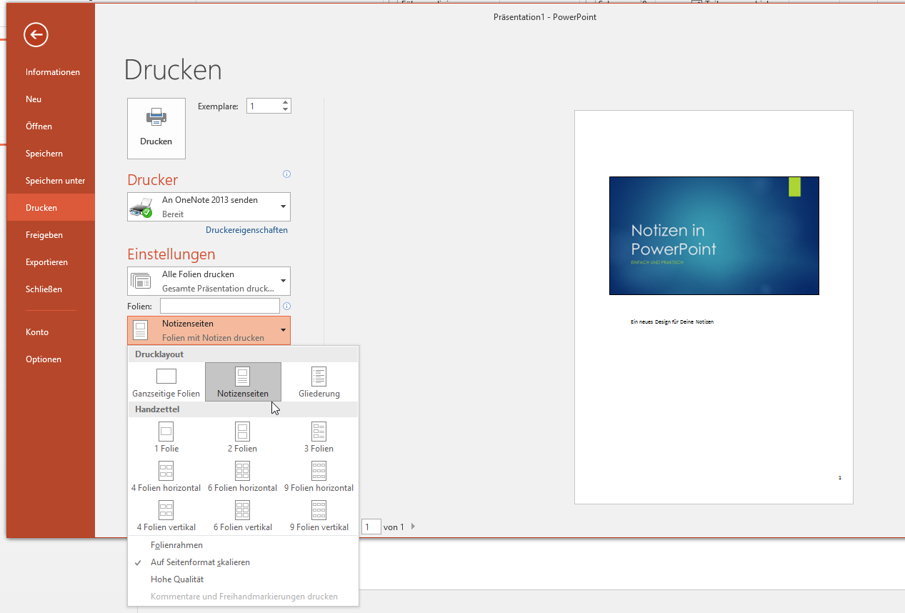 Video-Tutorial PowerPoint "Notizen drucken": Screenshot "Notizen ausdrucken"