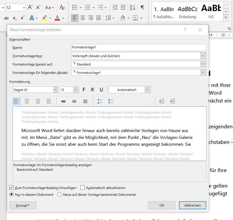 Magazinartikel Arbeitsablauf Word Vorlage: Screenshot "Formatvorlage erstellen"