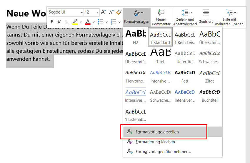 Magazinartikel "Formatvorlagen": Screenshot "Formatvorlage erstellen"