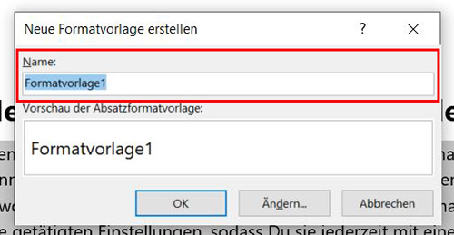 Magazinartikel "Formatvorlagen": Screenshot "Name Formatvorlage"