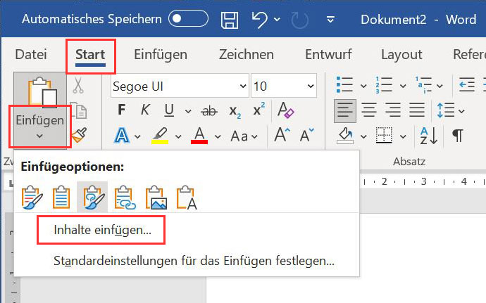 Magazinartikel Word Excel: Screenshot "Inhalte einfügen"